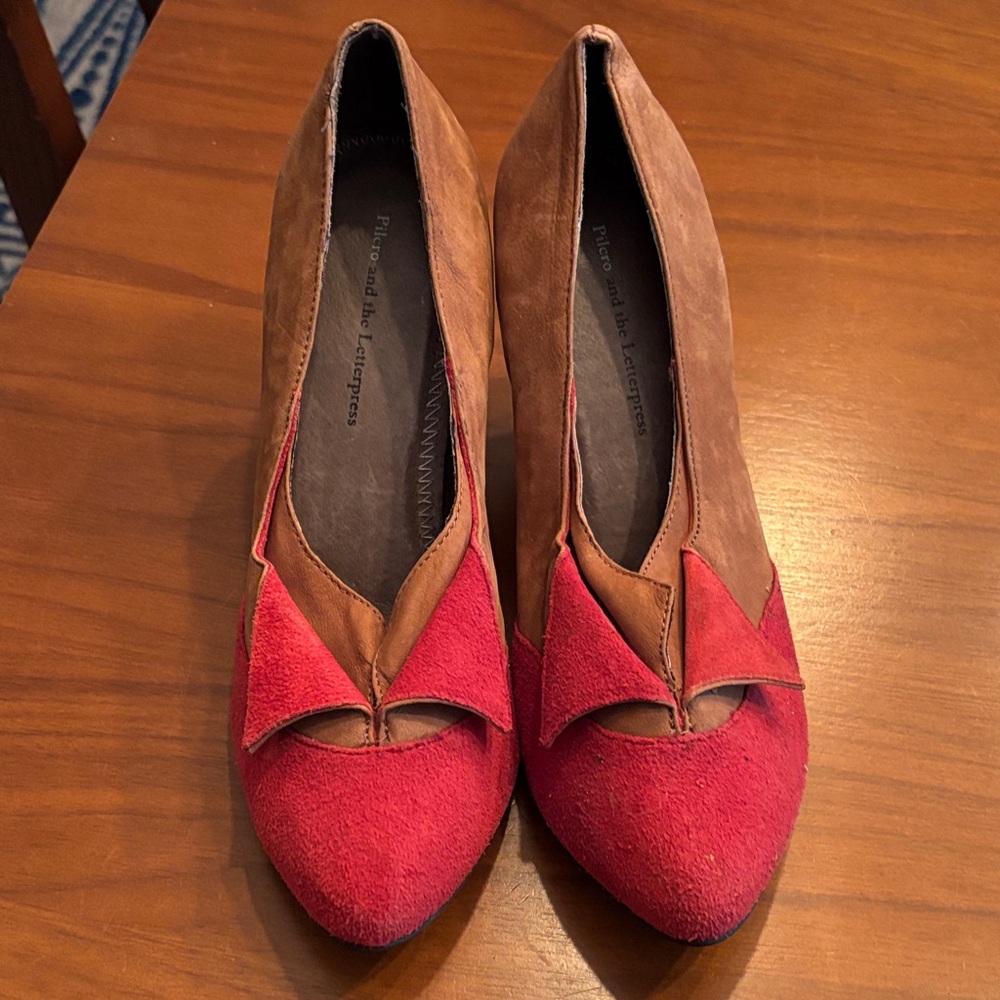 Pilcro and the Letterpress Red Suede & Brown Leather Flats